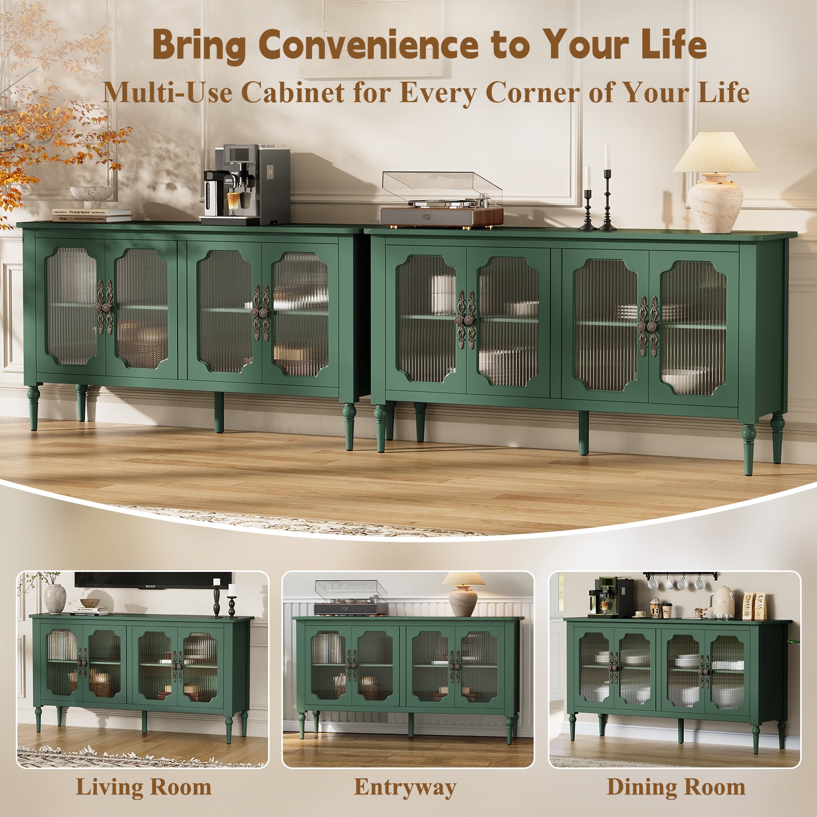 HLR 58'' Large Sideboard Buffet Cabinet with Storage, 4 Glass Modern Credenza Table for Kitchen, Green