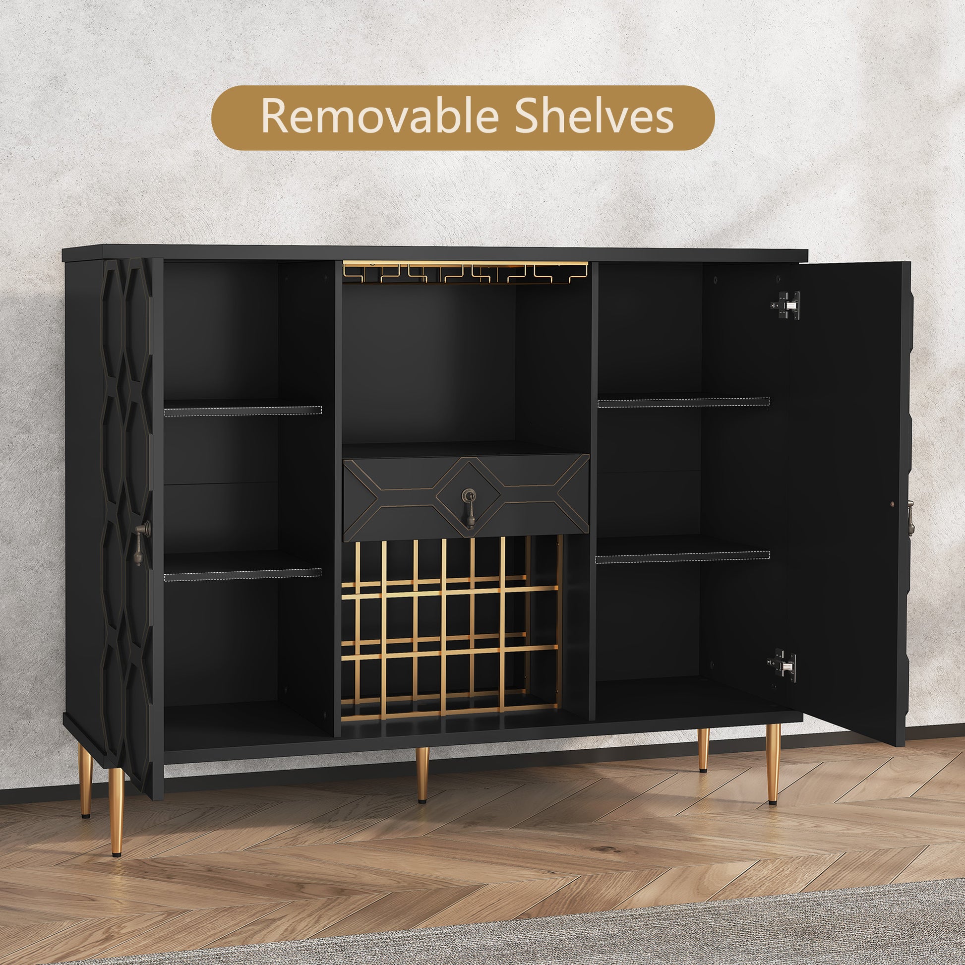 HLR Modern 47.2" Wine Bar Cabinet with Drawer, Geometric Door Buffet Sideboard Coffee Bar for Kitchen