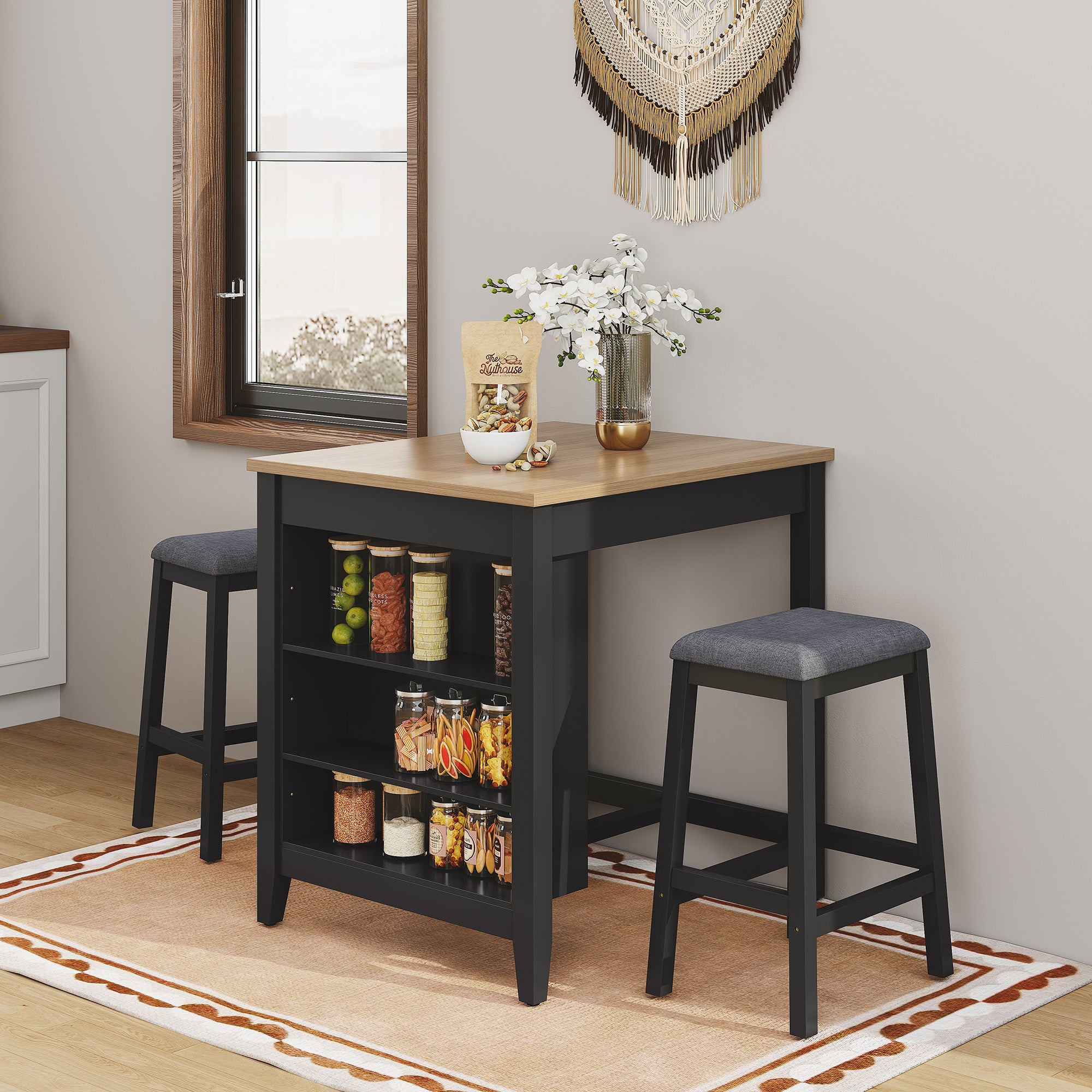 HLR Farmhouse Black Dining Table for 2 with Seasoning Rack, Kitchen Dining Room Table for Small Space(Apartment)