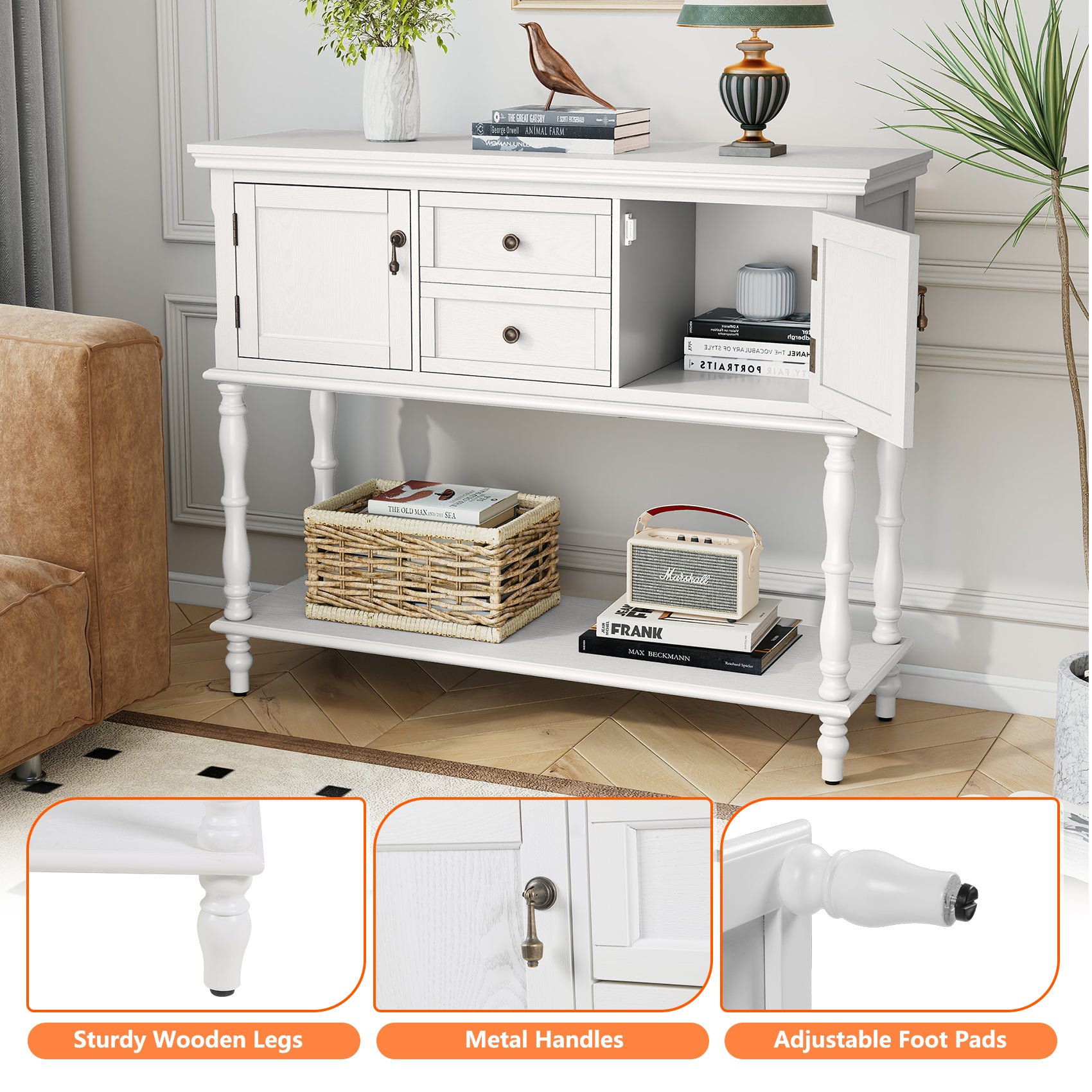 CBJCBJ 42" Farmhouse Console Table , 2 Drawer Narrow Long Entryway Table with Open Storage Shelf , for Living Room, White