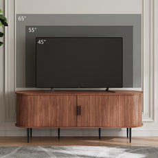 HLR 55" Brown TV Stand for 65" TV, Wood Entertainment Center with 2 Sliding Tambour Doors Storage, Mid-Century