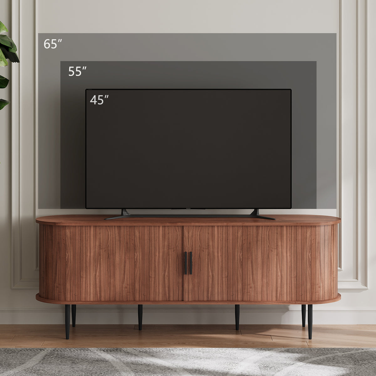 HLR 55" Brown TV Stand for 65" TV, Wood Entertainment Center with 2 Sliding Tambour Doors Storage, Mid-Century