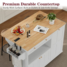 CBJCBJ Folding Rubber wood Kitchen Island, Kitchen Cart with Hidden Trash Can, Knife Rack & Spice Rack,White