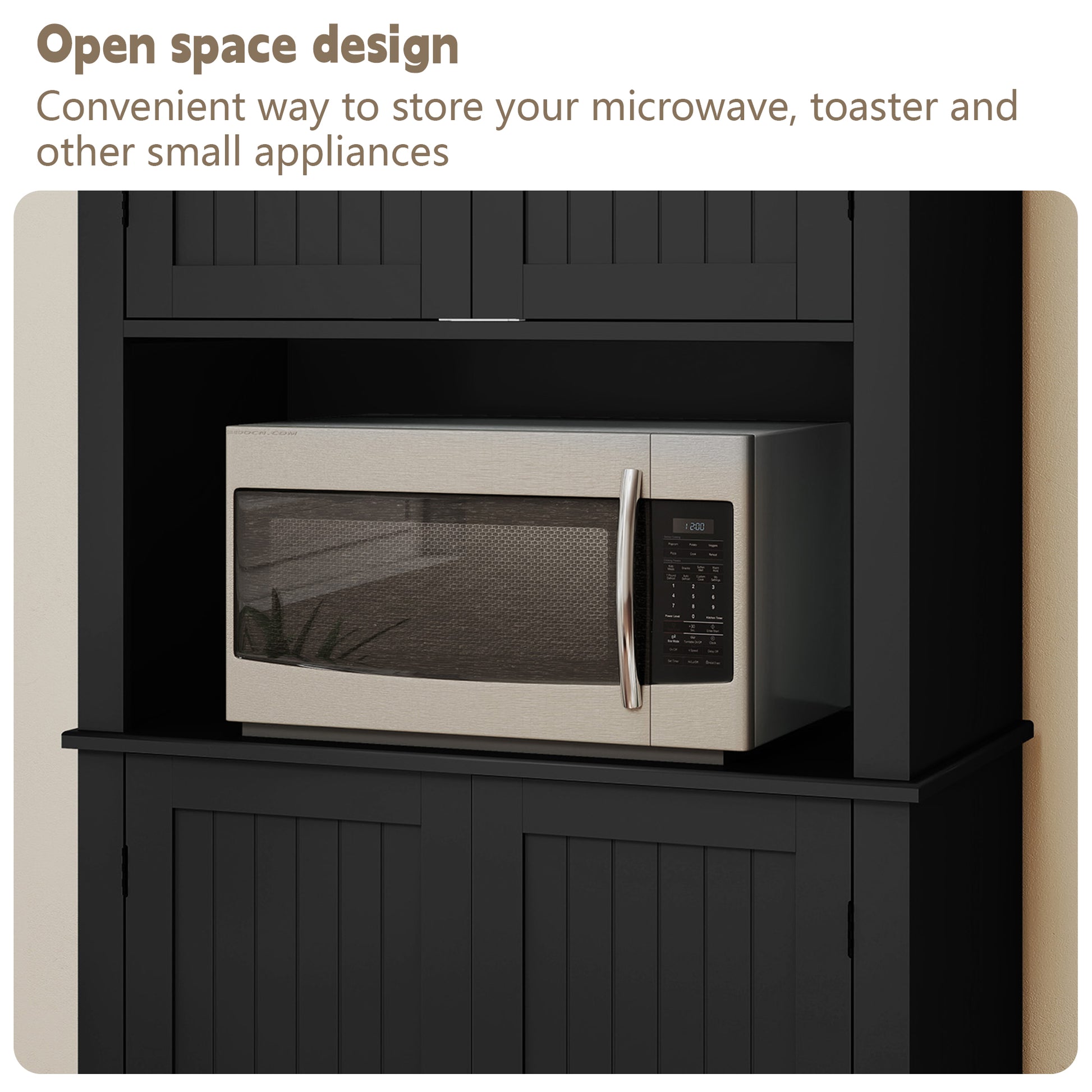 HLR 72" Kitchen Pantry Cabinet, Freestanding Pantry Storage Cabinet with Hutch & Shelves, Black