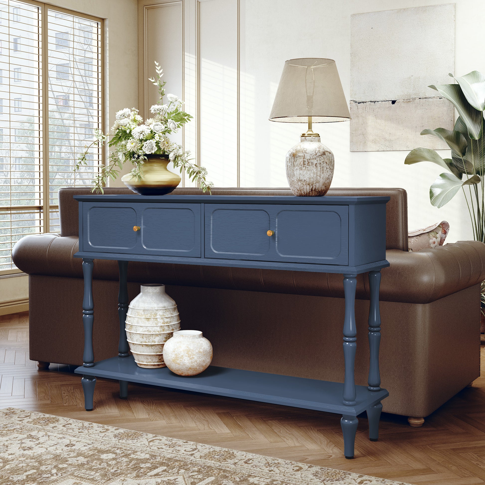 HLR 47" Mid Century Console Table, Aged Finish Entryway Table with Storage Shelf for Hallway, Blue