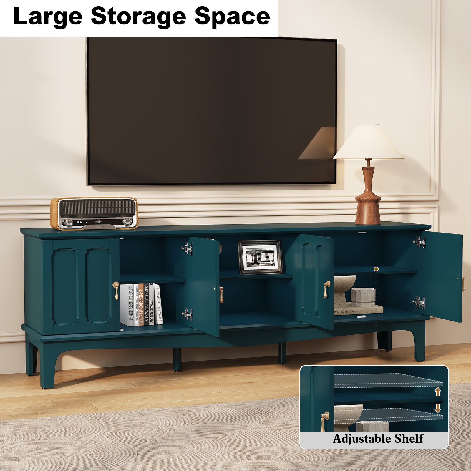 CBJCBJ Retro 67" TV Stand for TVs up to 70", Living Room Entertainment Center with 4 Door Storage Cabinet,Green