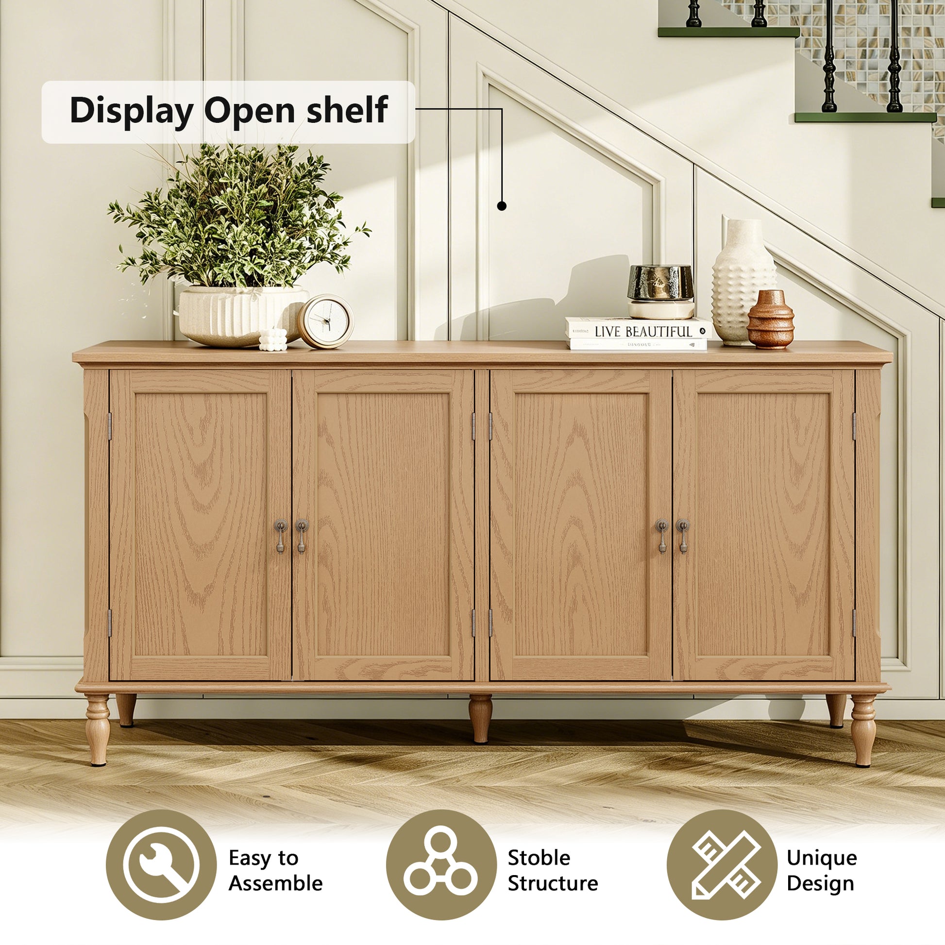 HLR 58'' Large Sideboard Buffet Cabinet with Storage, 4 Doors Modern Credenza Table for Living Room, Wood