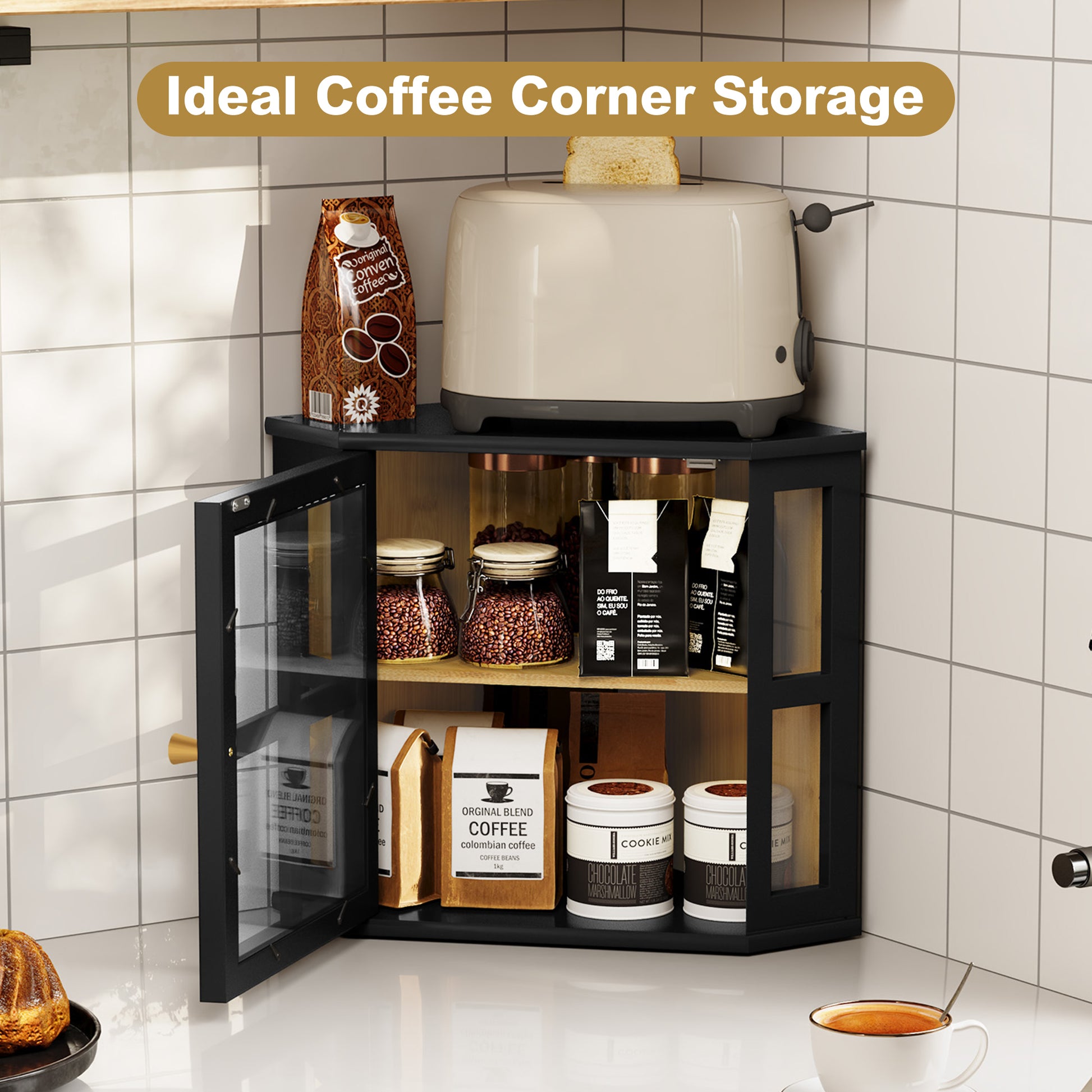 CBJCBJ Bamboo Bread Box, 2-Tier Countertop Storage Rack, Modern Retro Pantry Decor,Black