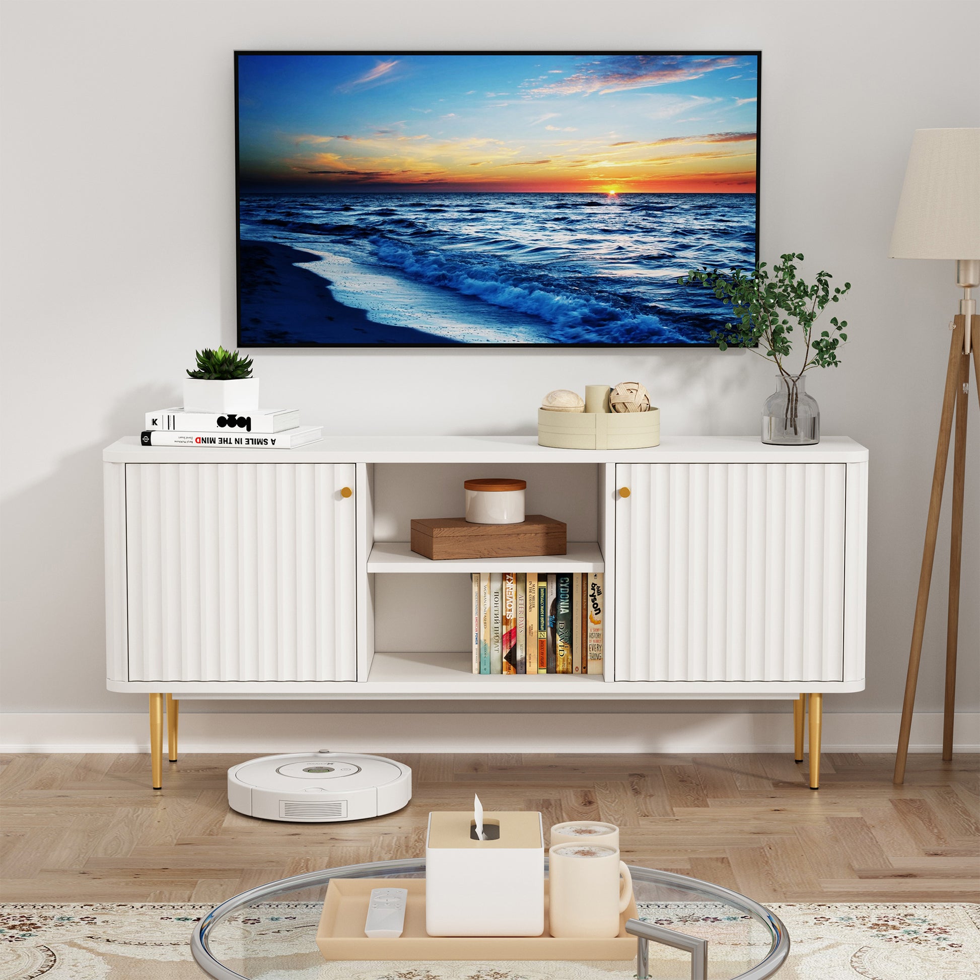 HLR Modern Fluted 55" TV Stand for 65 Inch TV with Storage, Entertainment Center for Living Room, White