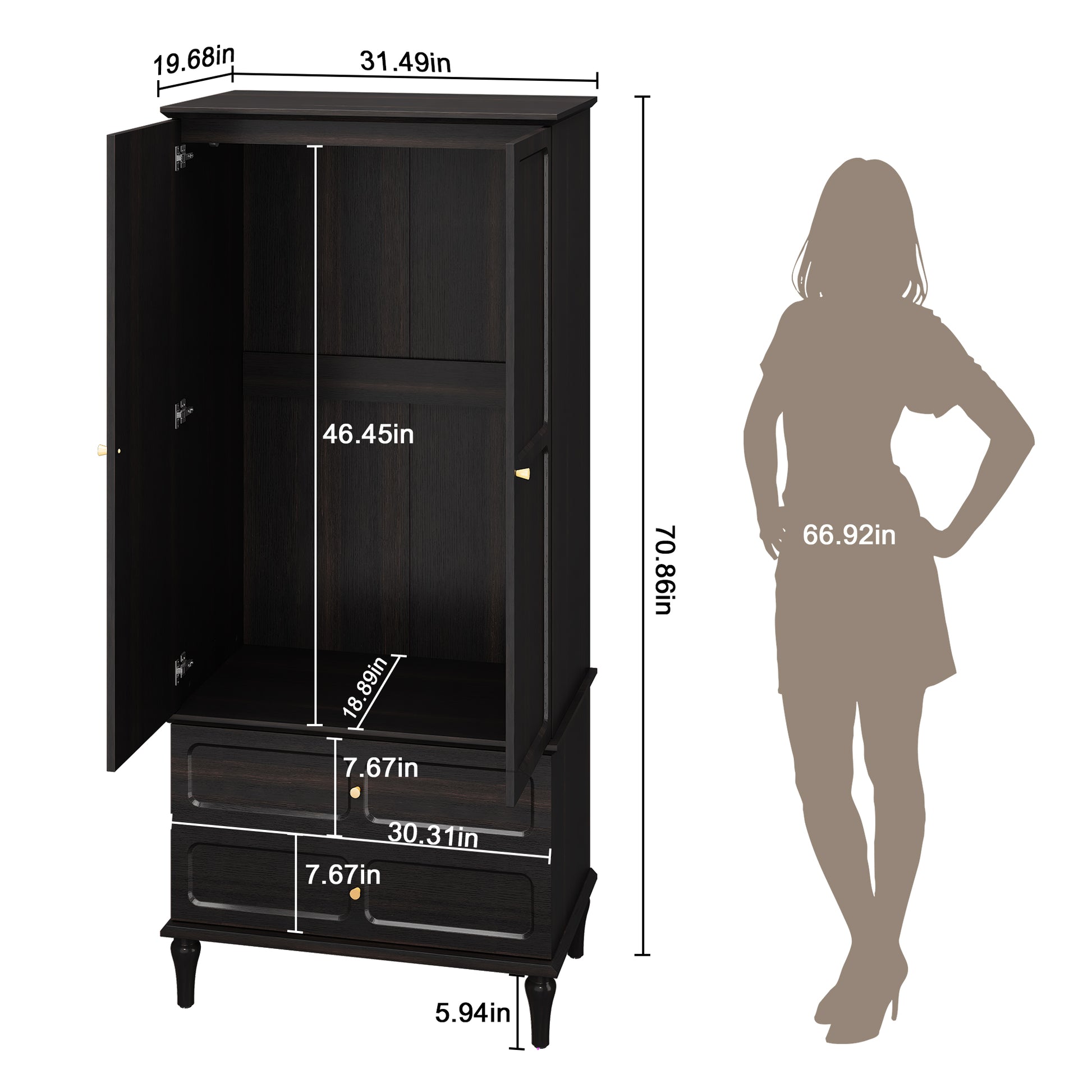HLR 71" Tall Modern Wood Armoire Wardrobe Closet, Freestanding Cabinet with Hanging Rod for Bedroom