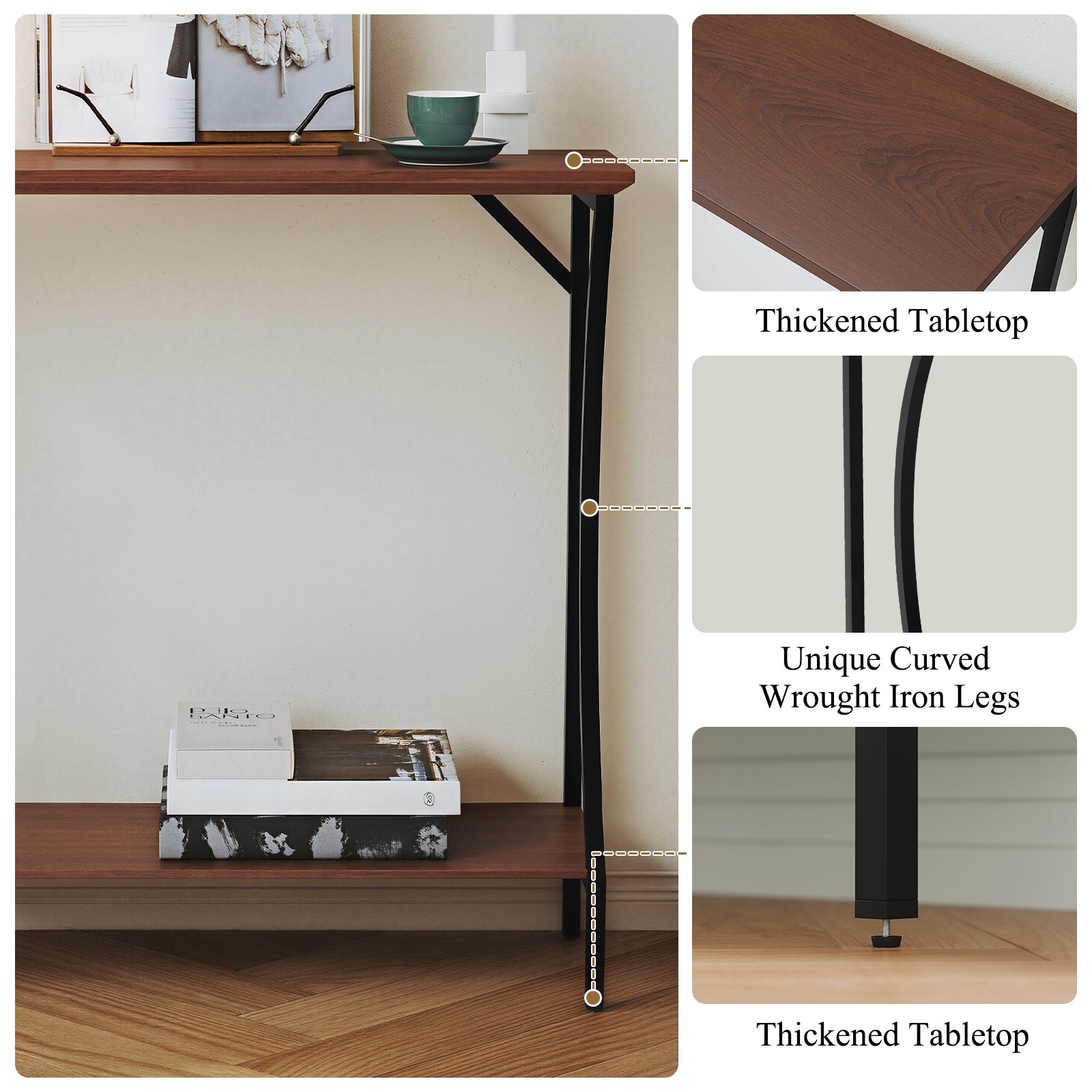 CBJCBJ Narrow Console Table with Charging Station, 2-Tier Simple Entryway Table for Living Room Hallway,Brown
