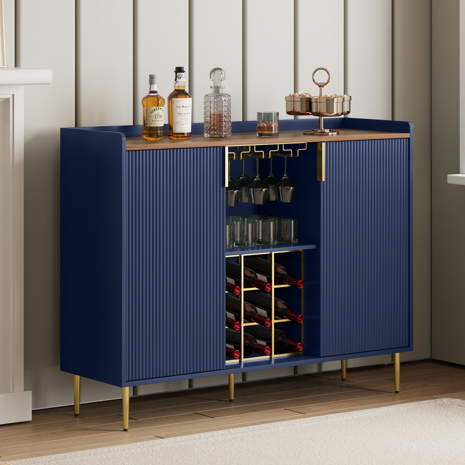 HLR 47.2" Coffee Wine Bar Cabinet with 2 Door, Modern Buffet Sideboard Table for Dining Room, Navy Blue