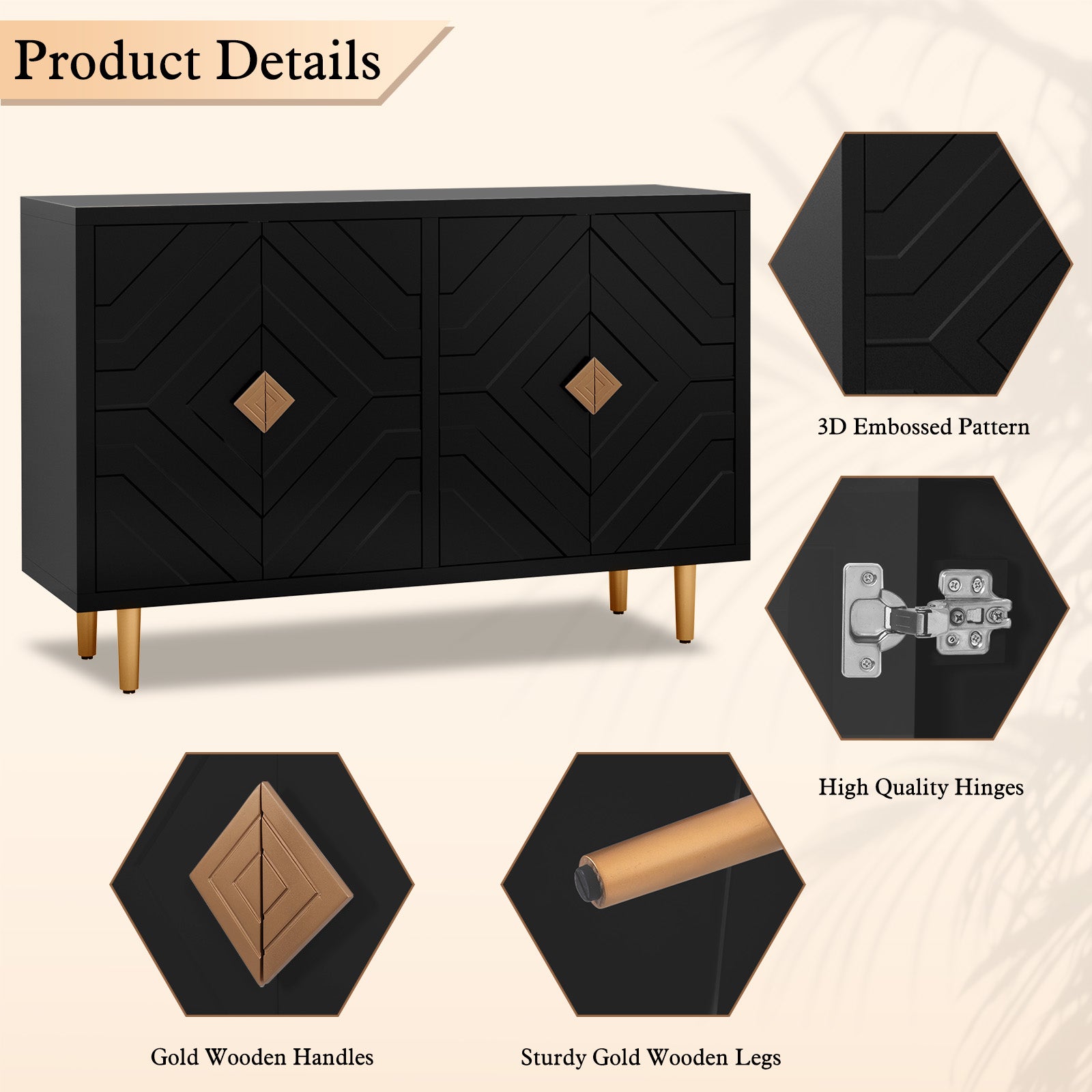 CBJCBJ 48" Modern Accent Sideboard, Buffet Cabinet with 4 Doors & Shelves, Credenza for Living Room Storage,Black