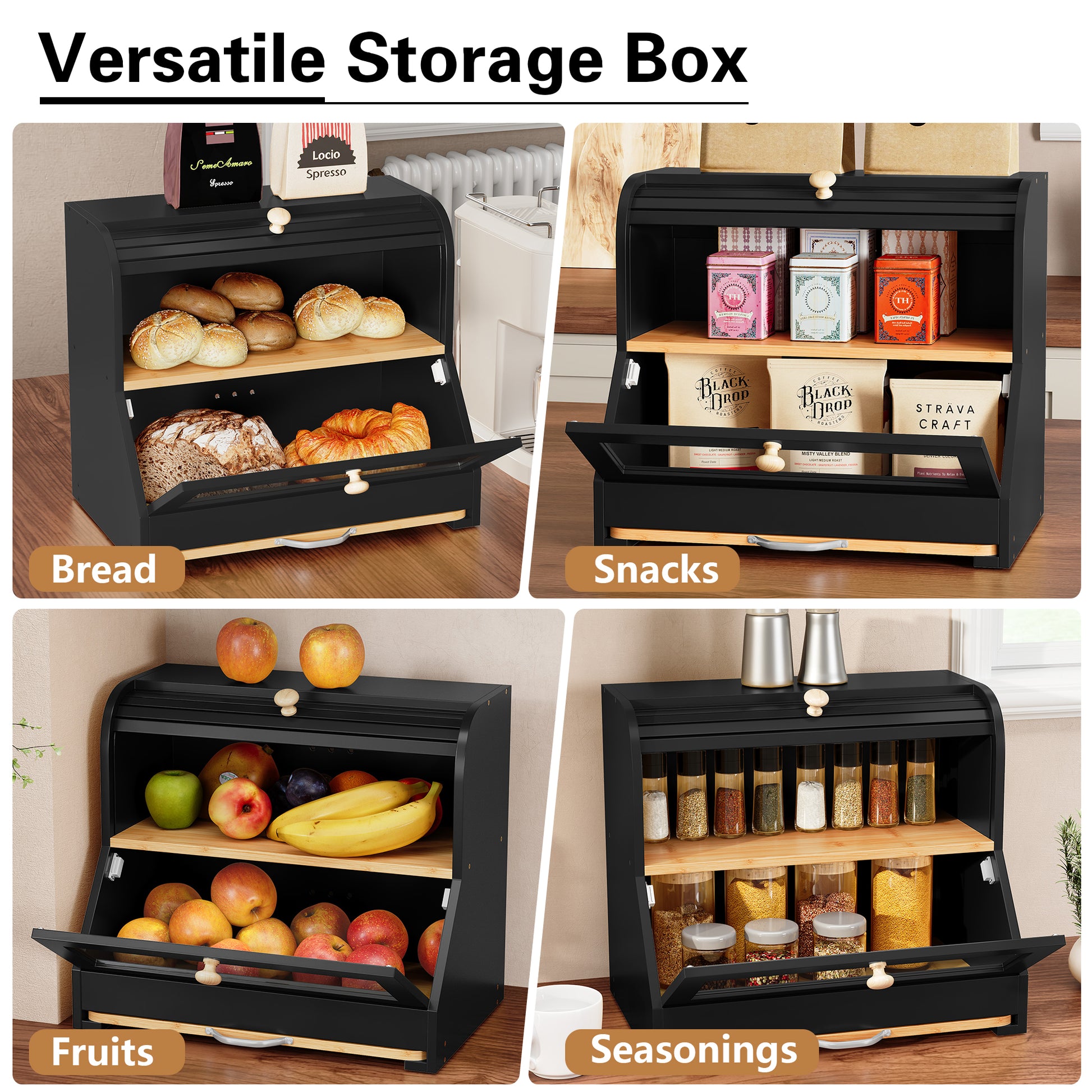HLR Natural Bamboo Bread Box Kitchen Countertop with Cutting Board and Roll Top, Black 2-Tier Large Wood Bread Bin