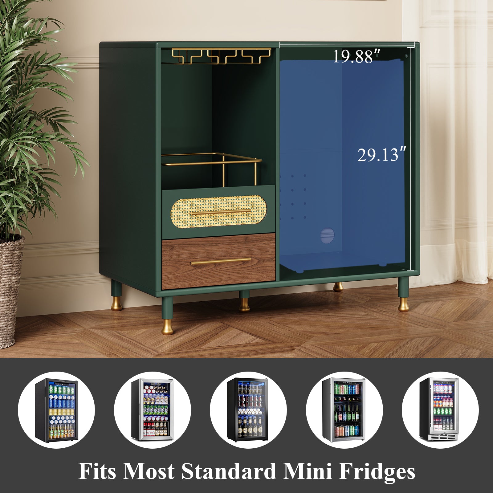 HLR Modern Coffee Bar Cabinet with Mini Fridge Space and Rattan Drawer for Dining Room, Green