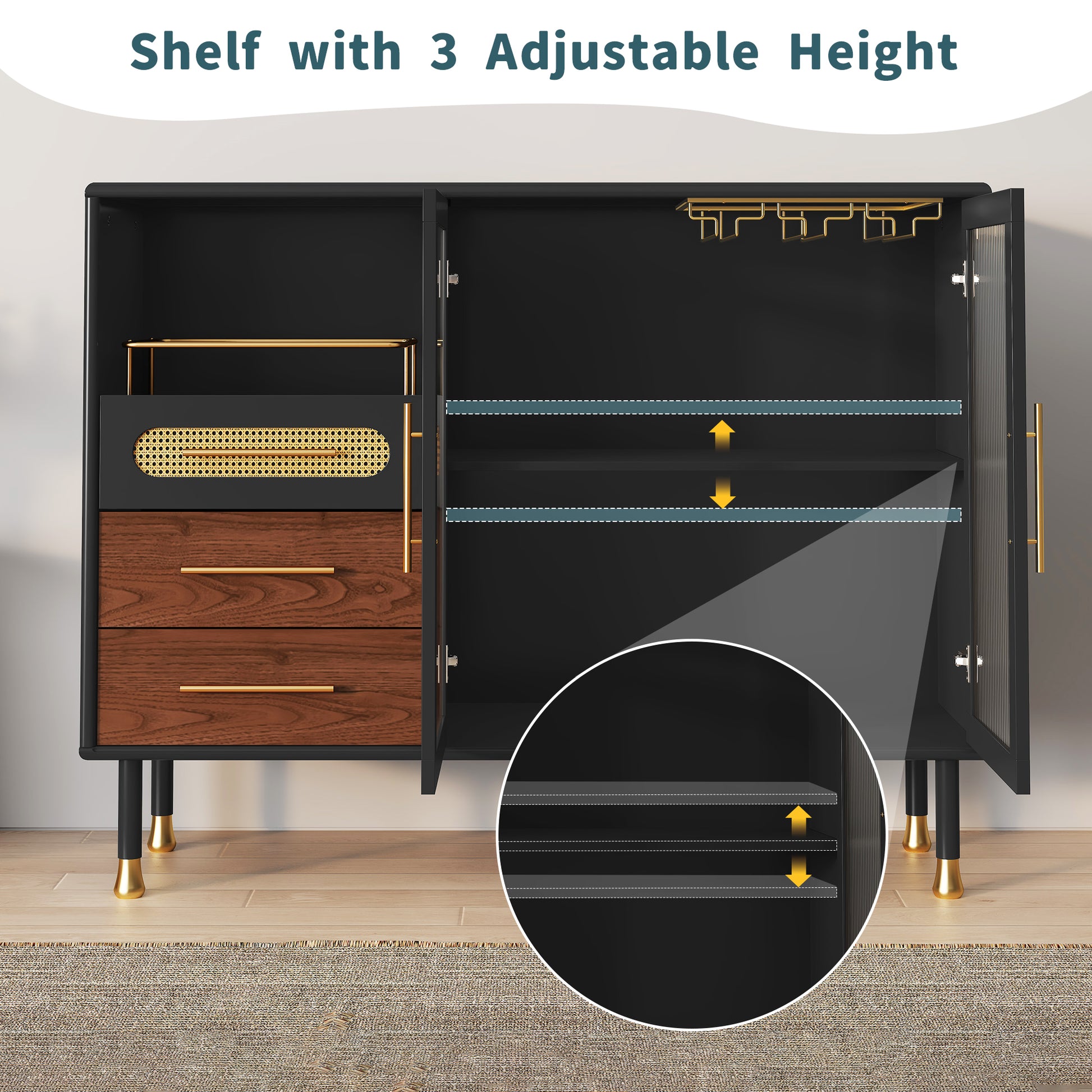 HLR 47.2" Coffee Wine Bar Cabinet with 2 Glass Doors, Modern Buffet Sideboard Table for Dining Room, Black