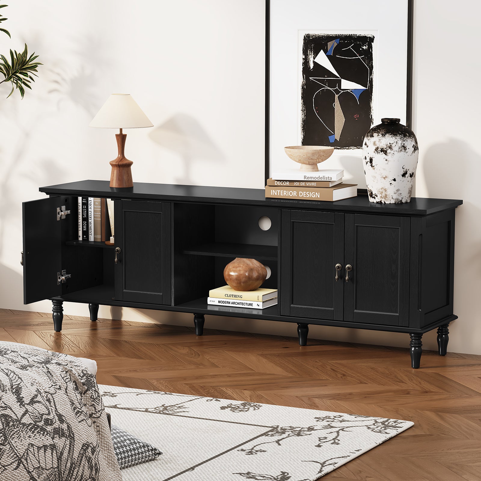 HLR 67" TV Stand, for TVs up to 75", Mid-Century Wood Entertainment Center for Living Room, Black