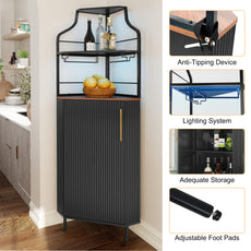 HLR Corner Coffee Bar Cabinet with LED Strip, 4-Tiers Modern Tall Liquor Cabinet with Wine Rack for Dining Room