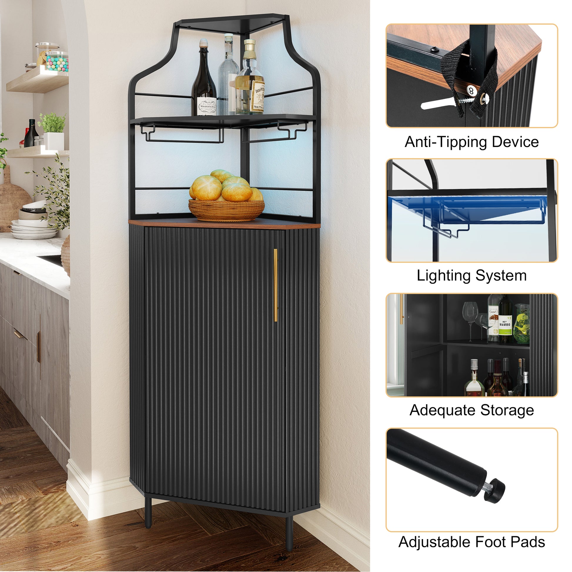 HLR Corner Coffee Bar Cabinet with LED Strip, 4-Tiers Modern Tall Liquor Cabinet with Wine Rack for Dining Room