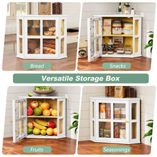 HLR Double Layer Bamboo Bread Box for Kitchen Counter, Large Capacity Bread Storage Bin with Acrylic Door, White