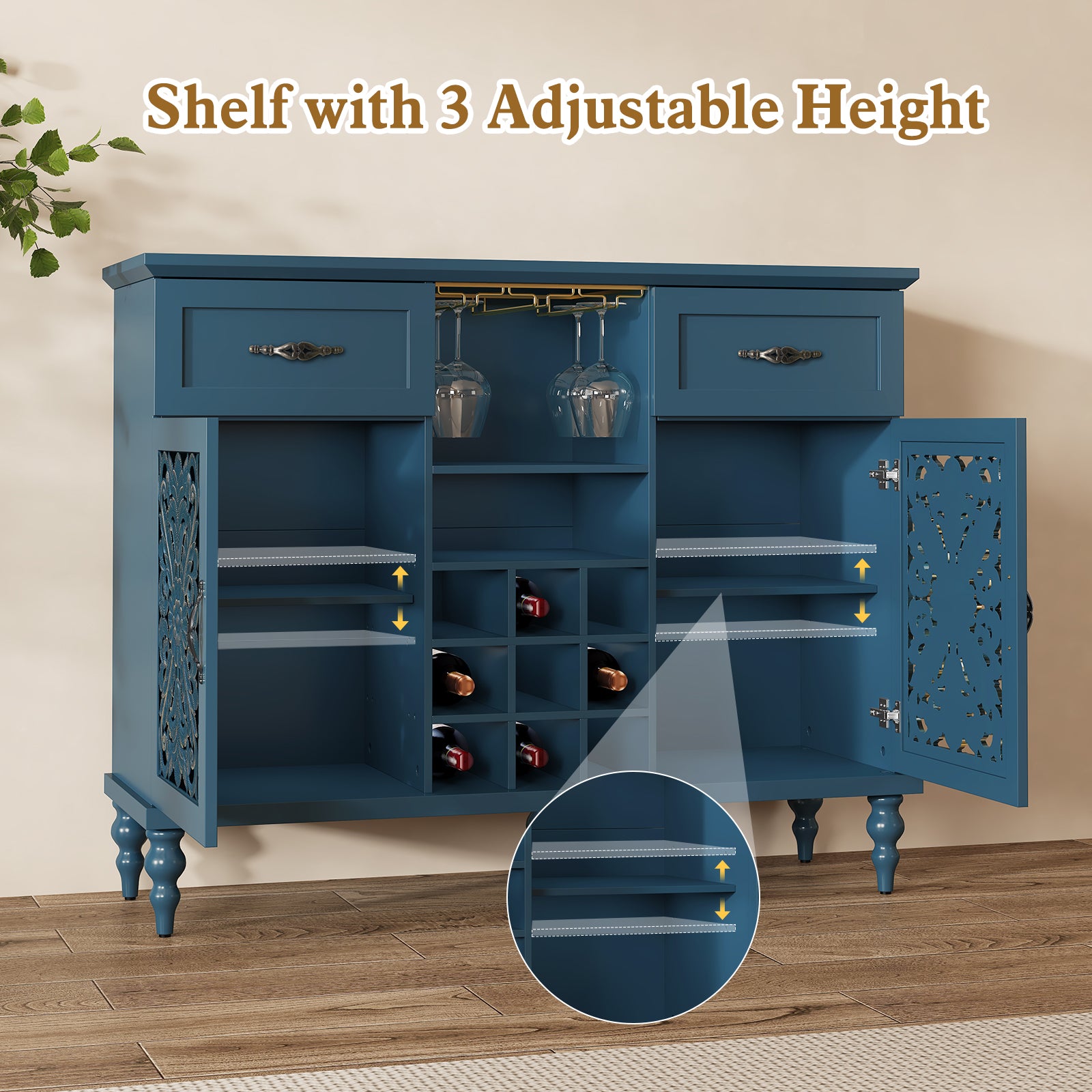 HLR 47.2" Wine Bar Cabinet, Retro Sideboard Buffet Coffee Bar with Storage for Living Room, Blue