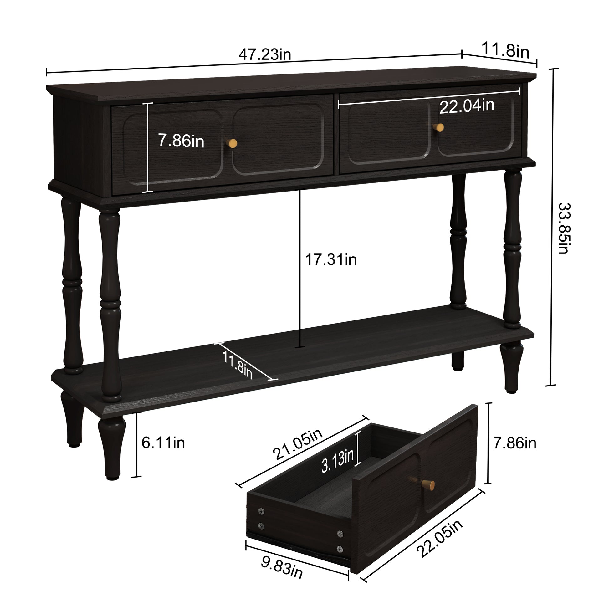 HLR 47" Mid Century Console Table, Aged Finish Entryway Table with Storage Shelf for Hallway, Black