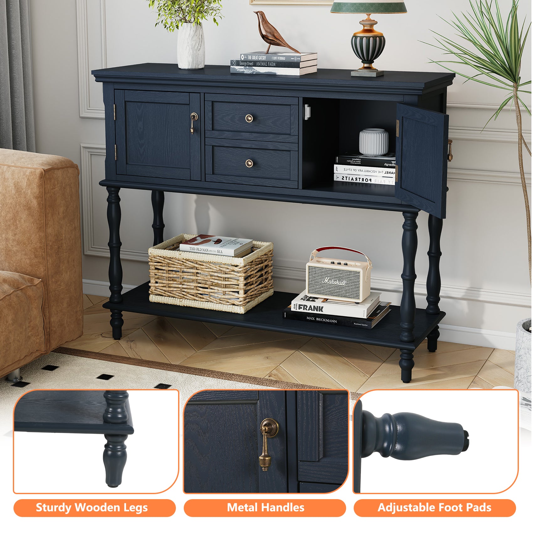 CBJCBJ 42" Farmhouse Console Table , 2 Drawer Narrow Long Entryway Table with Open Storage Shelf , for Living Room, Blue