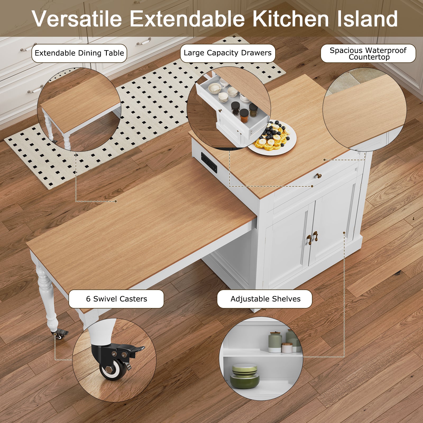 CBJCBJ Modern Extendable Kitchen Islands on Wheels with Power Outlet, Dining Table Cart with 2 Doors Storage, White