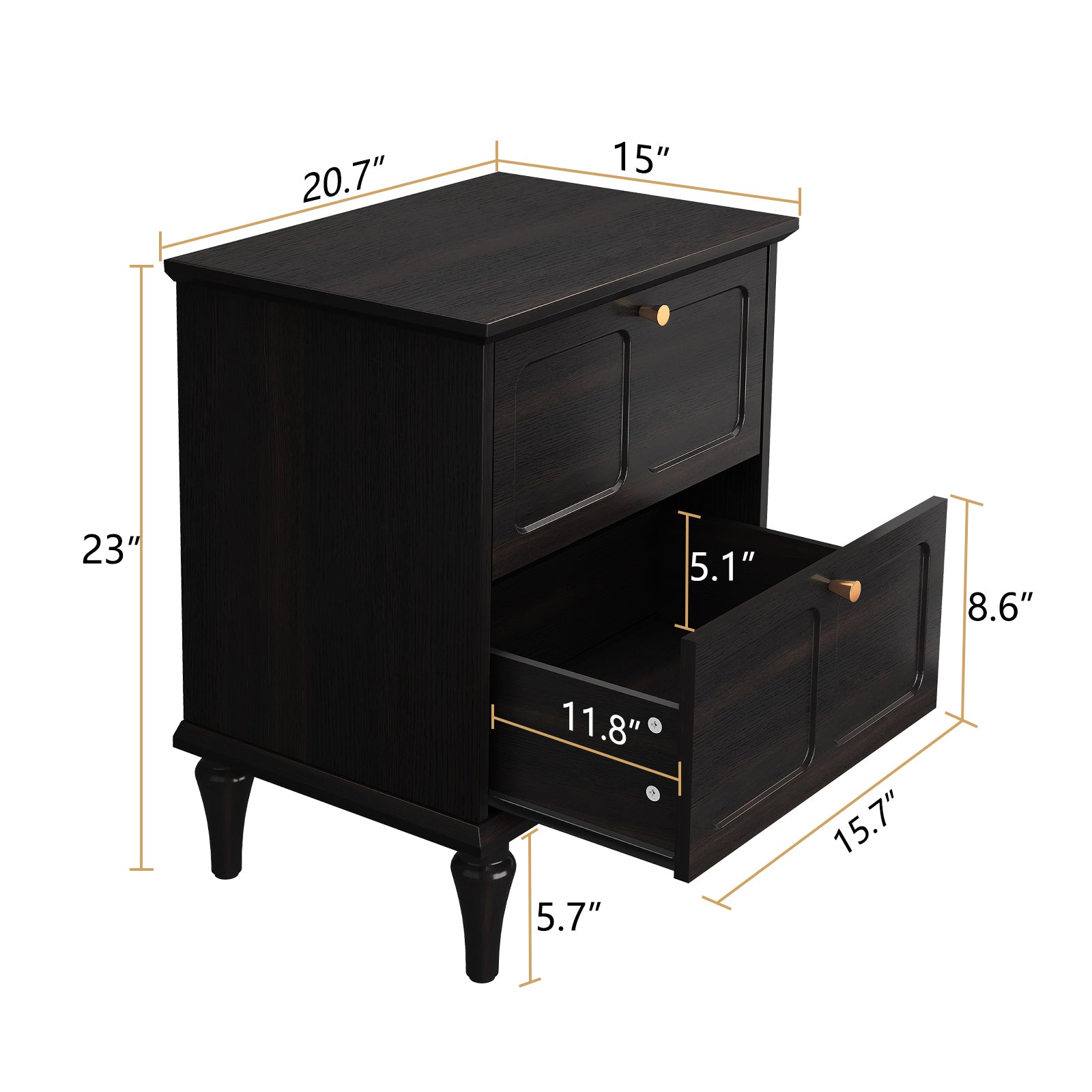 CBJCBJ21" Mid-Century Nightstands Set of Two, Featuring Two Storage Drawers with Metal Handles, Black