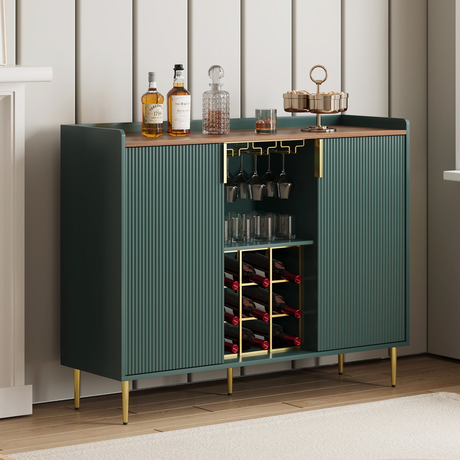 HLR 47.2" Coffee Wine Bar Cabinet with 2 Door, Modern Buffet Sideboard Table for Dining Room, Green