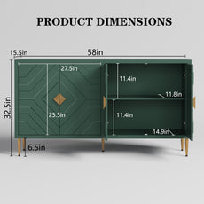 HLR 58" Modern Accent Sideboard Cabinet, 4 Doors, Adjustable Shelves, Fluted Storage Cabinet, Green
