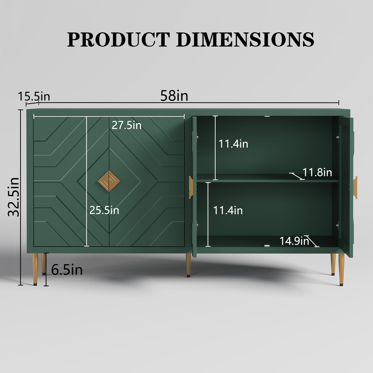 HLR 58" Modern Accent Sideboard Cabinet, 4 Doors, Adjustable Shelves, Fluted Storage Cabinet, Green