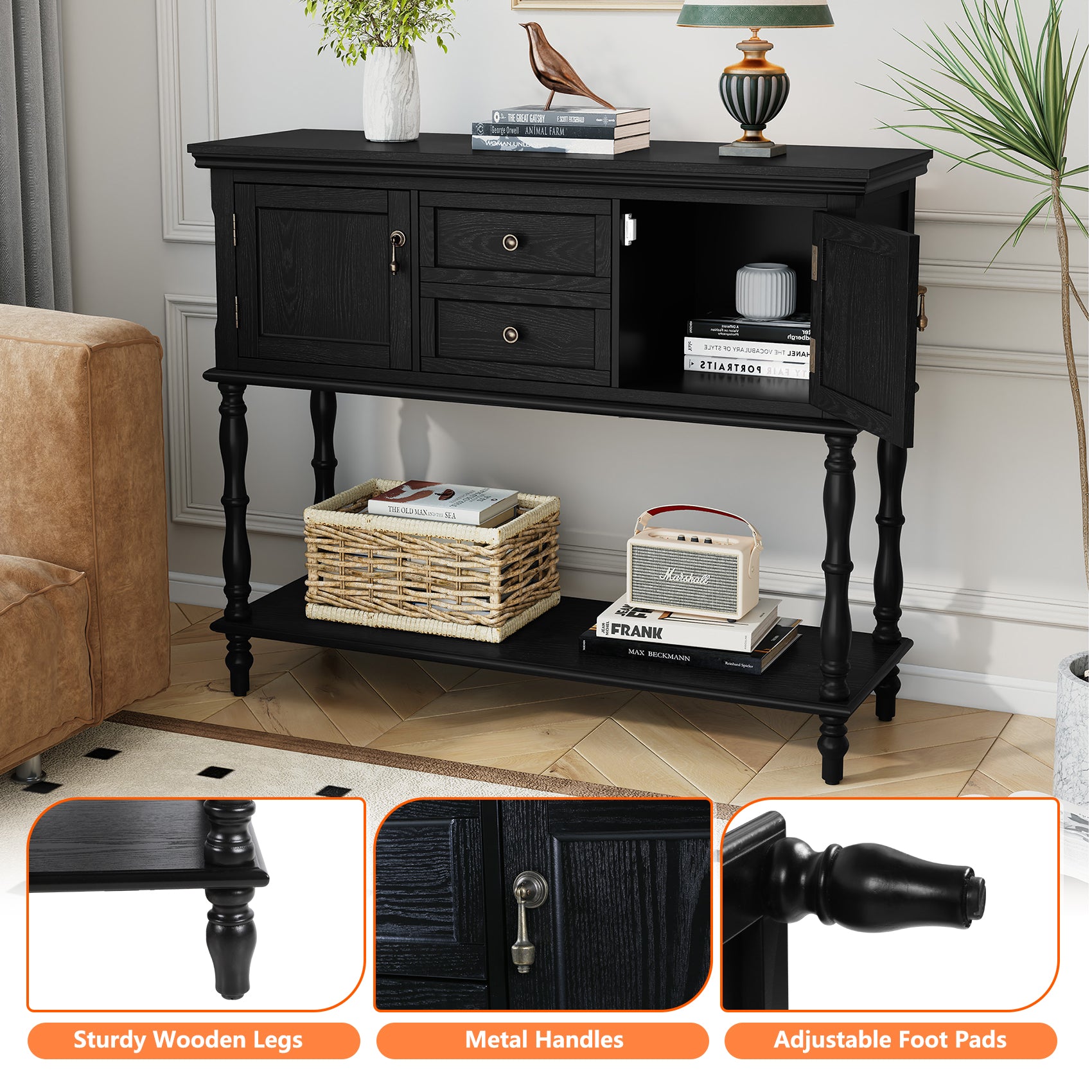 CBJCBJ 42" Farmhouse Console Table , 2 Drawer Narrow Long Entryway Table with Open Storage Shelf , for Living Room, Black