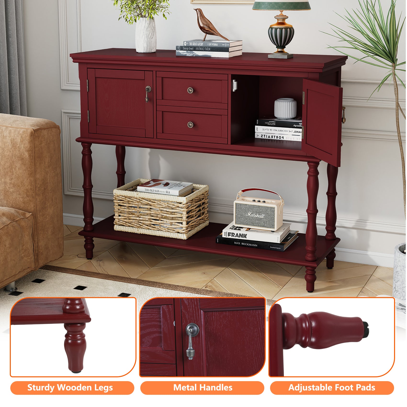 CBJCBJ 42" Farmhouse Console Table , 2 Drawer Narrow Long Entryway Table with Open Storage Shelf , for Living Room,Red