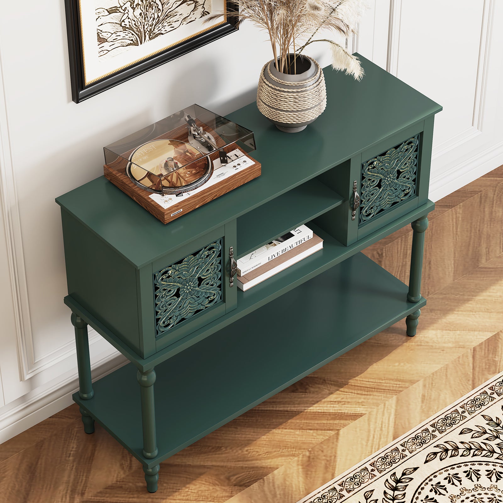 HLR Modern 42" Console Table with Storage, Entryway Table Wood Behind Couch with Shelves for Living Room, Green