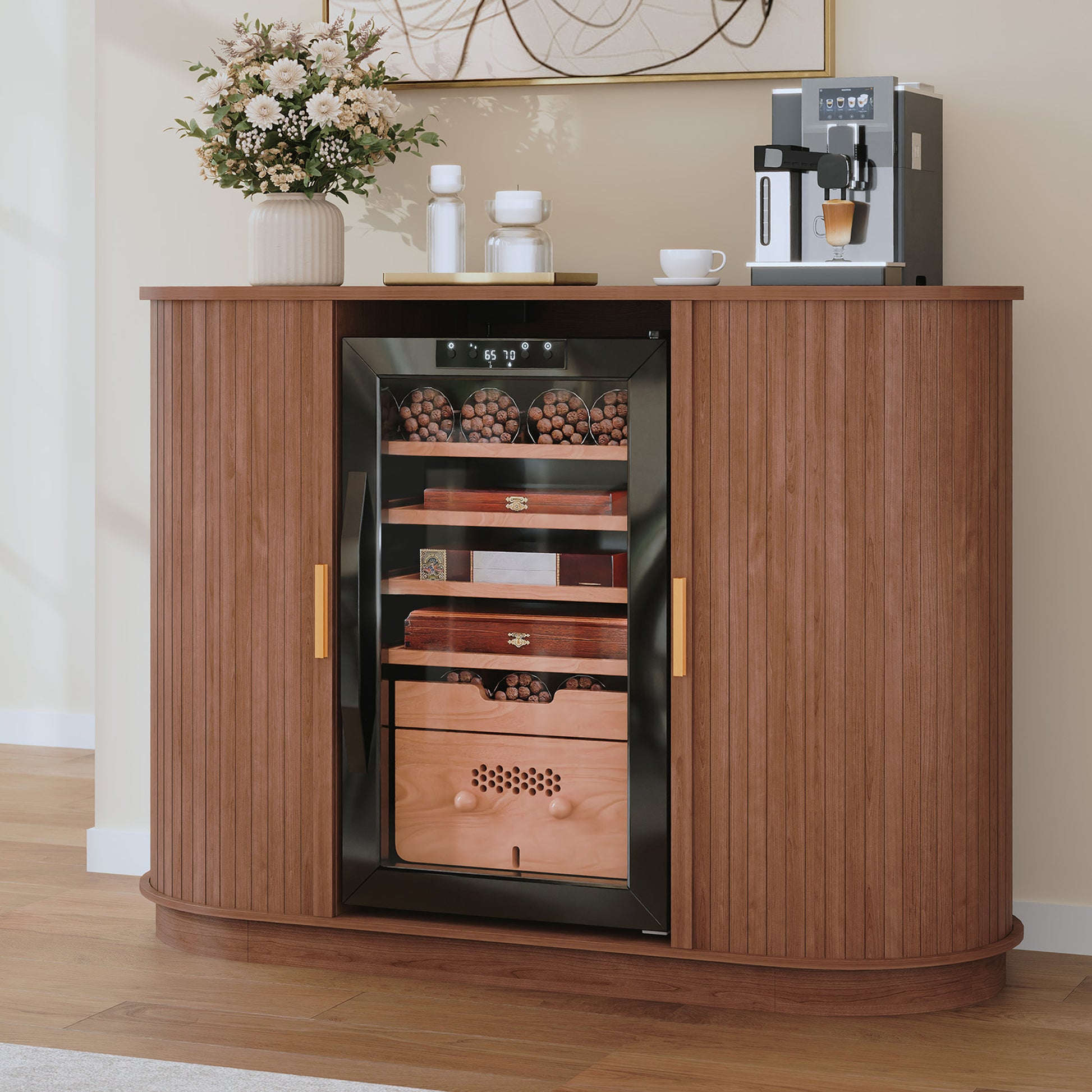 HLR Mid Century Coffee Bar Cabinet, Wine Cabinet Mini Fridge Space, Brown