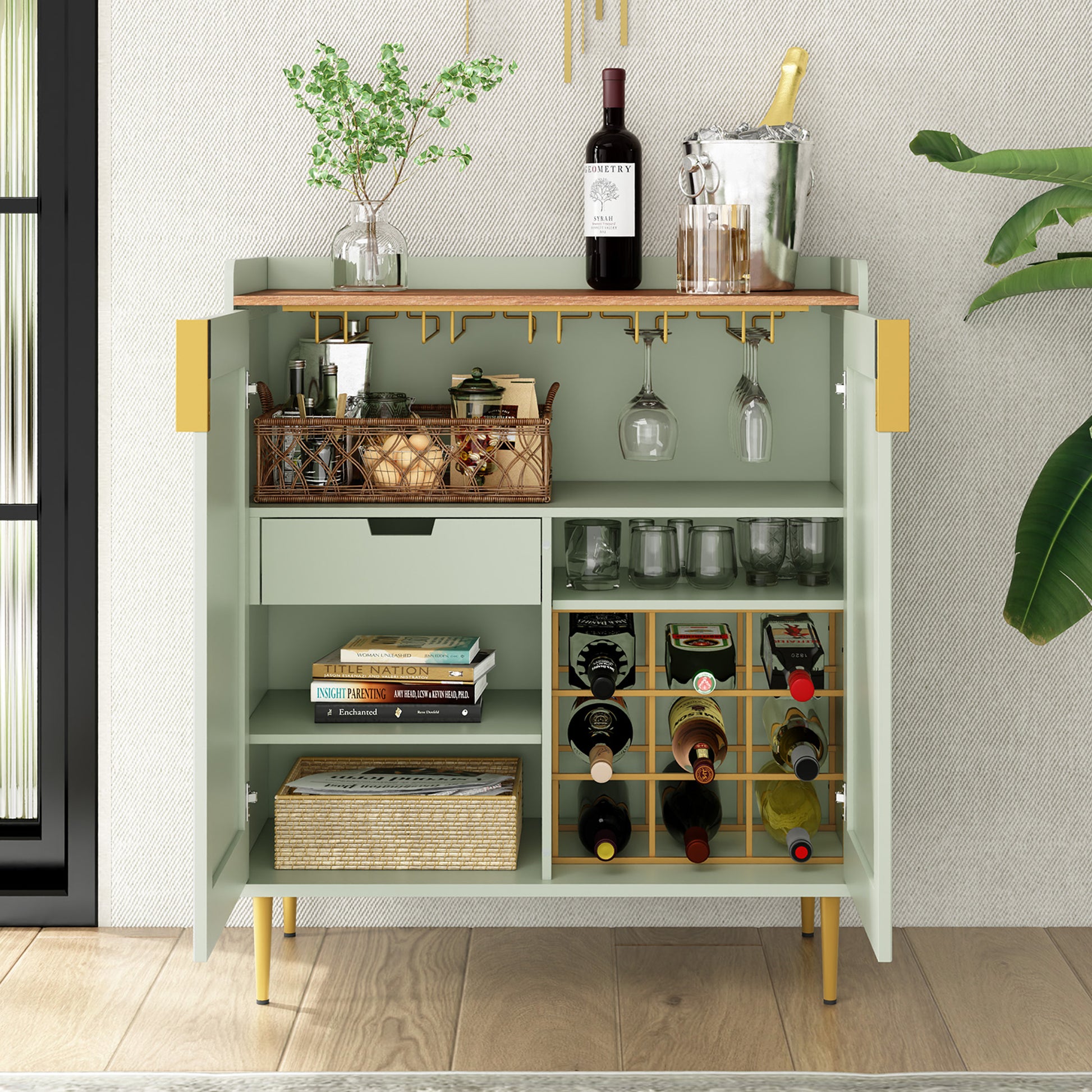 CBJCBJ Modern Wine Cabinet, Home Bar Cabinet with Storage Drawers and Wine Rack, Kitchen Sideboard,Sage Green