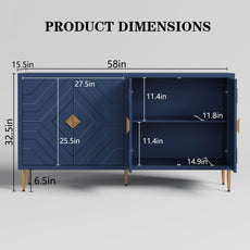 HLR 58" Modern Accent Sideboard Cabinet, 4 Doors, Adjustable Shelves, Fluted Storage Cabinet, Blue
