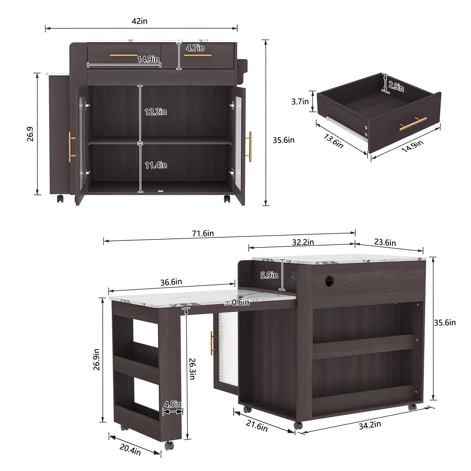 CBJCBJ Kitchen Island with Storage | Expandable Retractable on Wheels 71.65" L| Space-Saving of Island Cart Brown