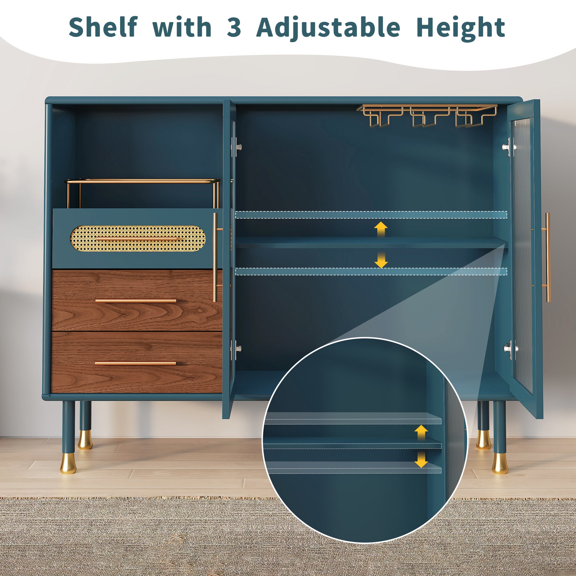 HLR 47.2" Coffee Wine Bar Cabinet with 2 Glass Doors, Modern Buffet Sideboard Table for Dining Room, Blue