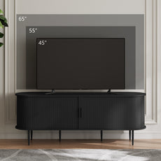 HLR 55" Black TV Stand for 65" TV, Wood Entertainment Center with 2 Sliding Tambour Doors Storage, Mid-Century