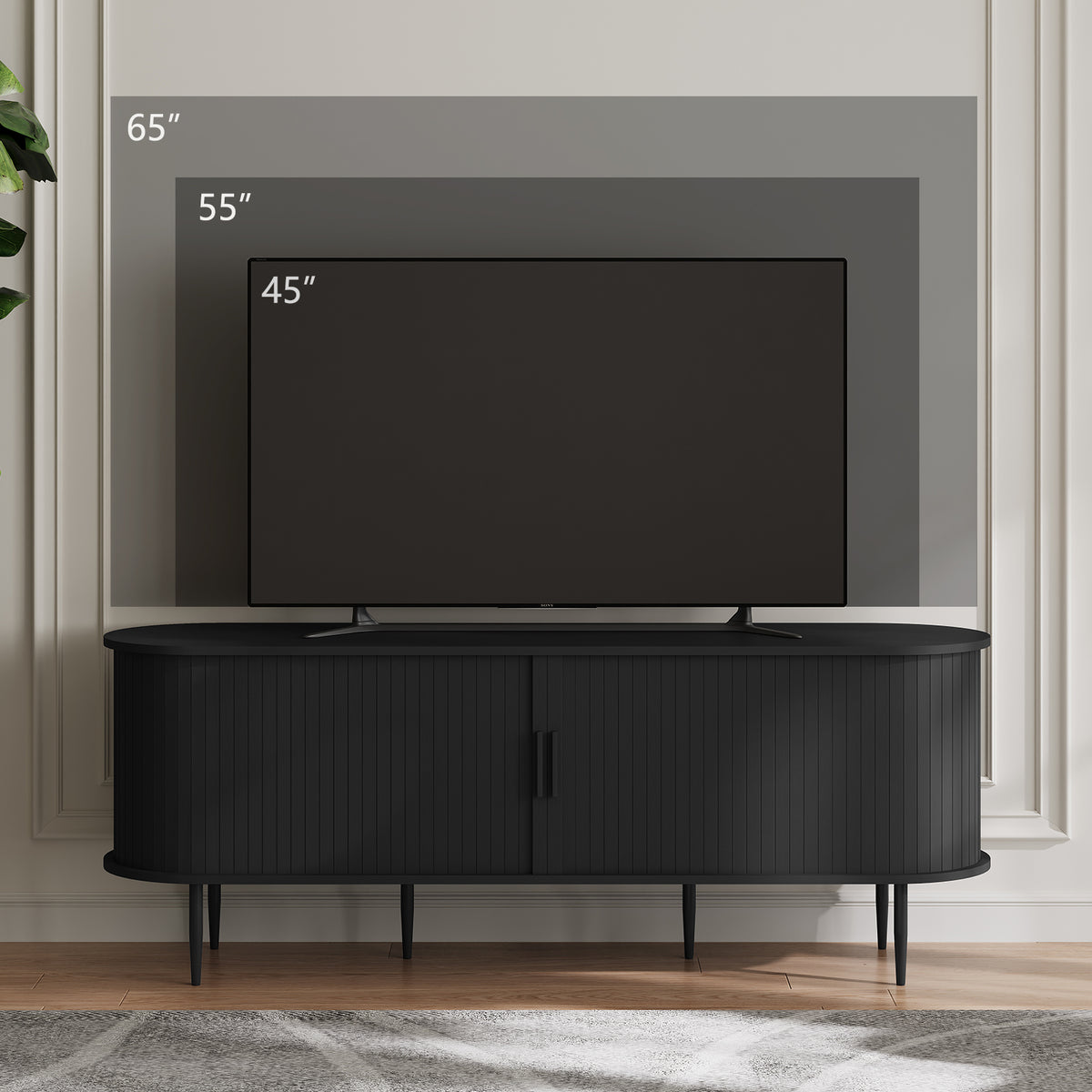 HLR 55" Black TV Stand for 65" TV, Wood Entertainment Center with 2 Sliding Tambour Doors Storage, Mid-Century