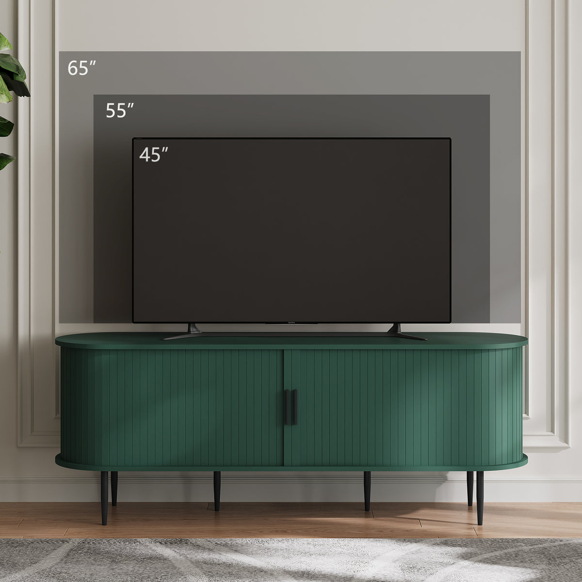 HLR 55" Green TV Stand for 65" TV, Wood Entertainment Center with 2 Sliding Tambour Doors Storage, Mid-Century