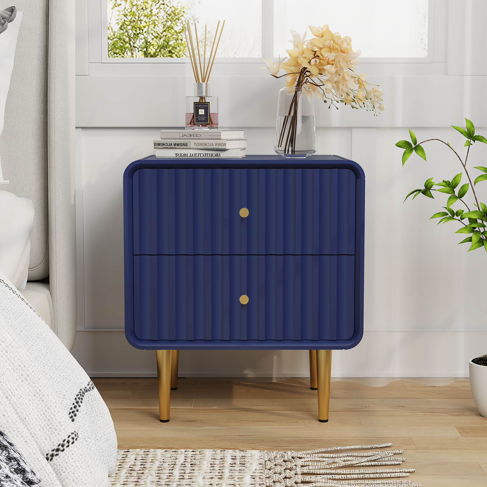 HLR Modern Fluted Wood Nightstand Set of 2 with 2 Drawers, Bedroom 20" Bed SideTable with Storage, Navy Blue