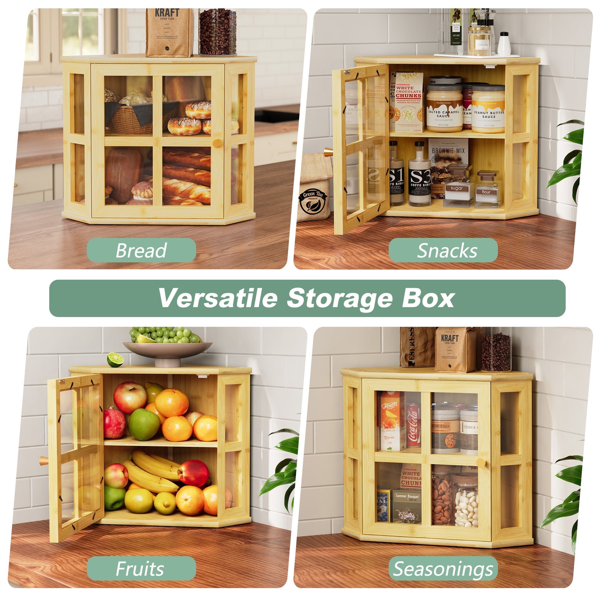 HLR Double Layer Bamboo Bread Box for Kitchen Counter, Large Capacity Bread Storage Bin with Acrylic Door,Brown