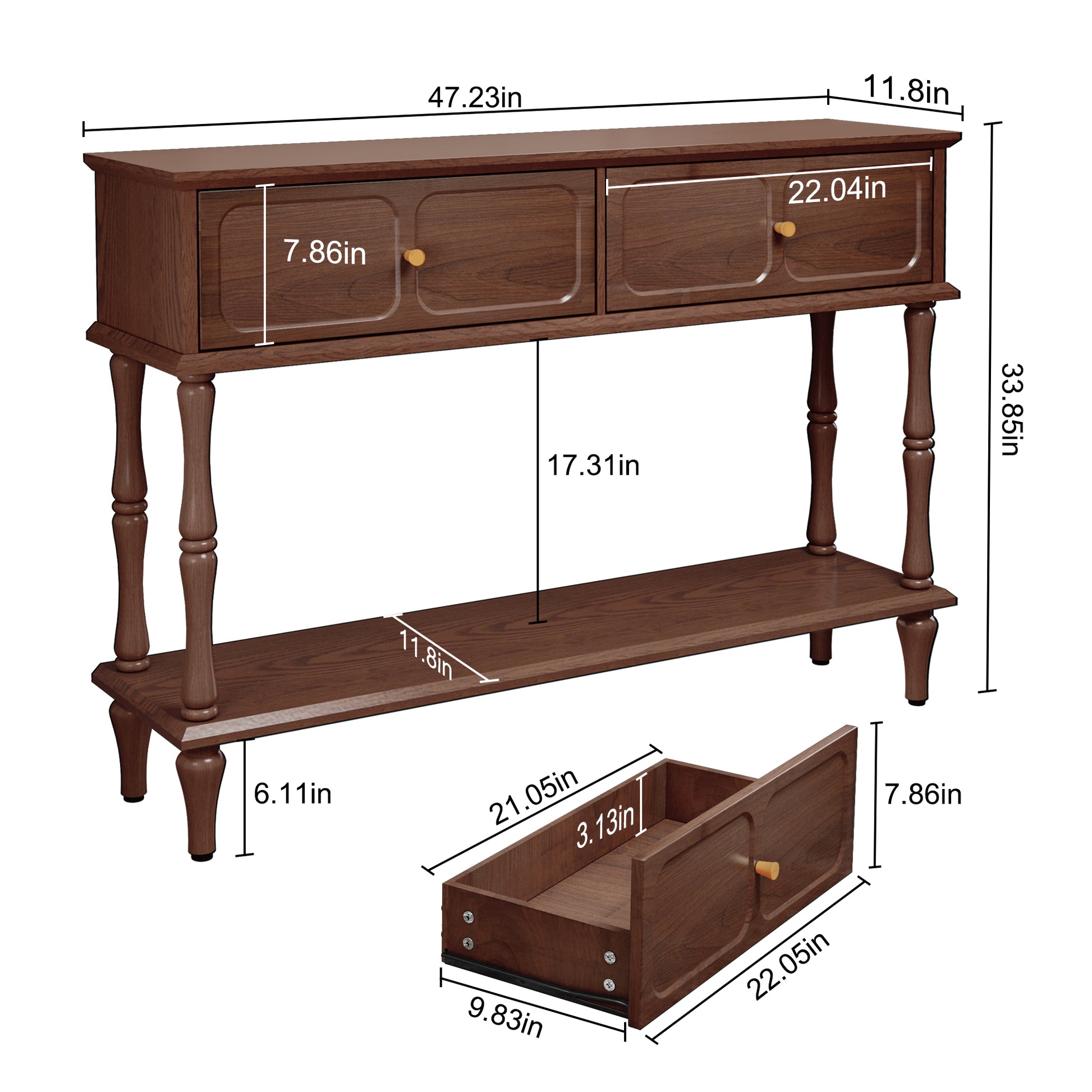 HLR 47" Mid Century Console Table, Aged Finish Entryway Table with Storage Shelf for Hallway, Brown