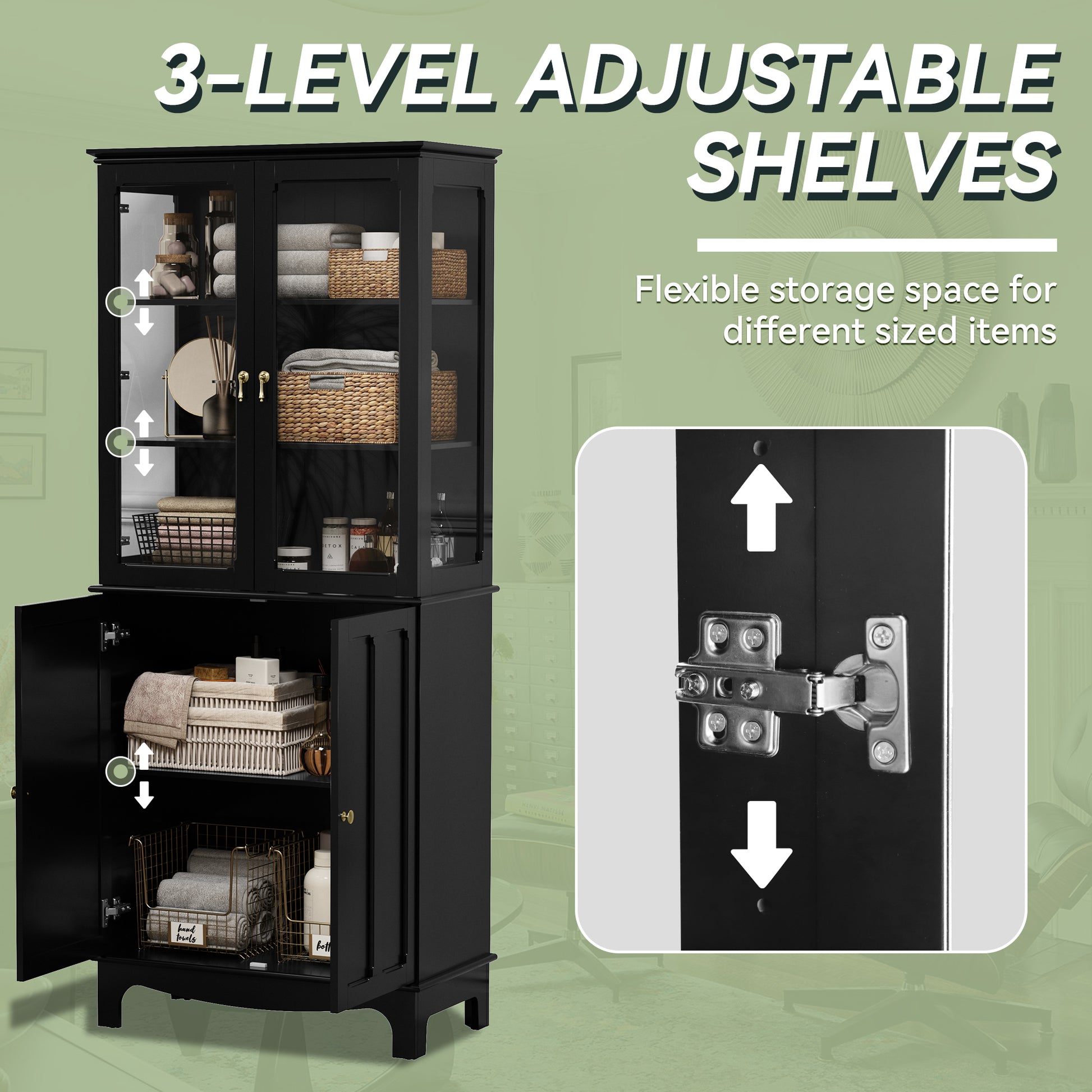 HLR 72" Modern Black Cupboard with Adjustable Shelves, Elegant Storage Cabinet