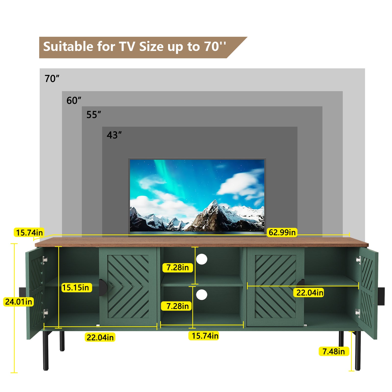 HLR Mid Century Modern 63" TV Stand for 75 inch TV with Storage, Entertainment Center for Living Room, Green
