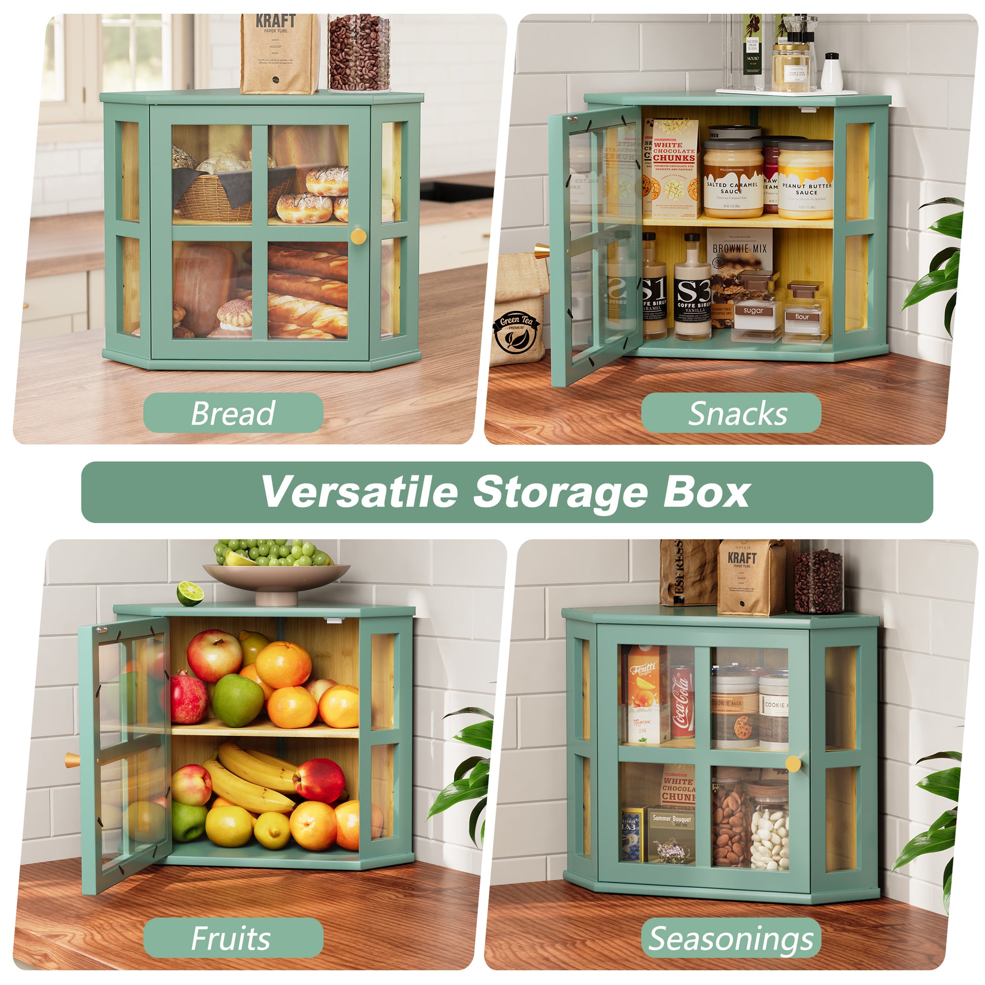 HLR Double Layer Bamboo Bread Box for Kitchen Counter, Large Capacity Bread Storage Bin with Acrylic Door, Green