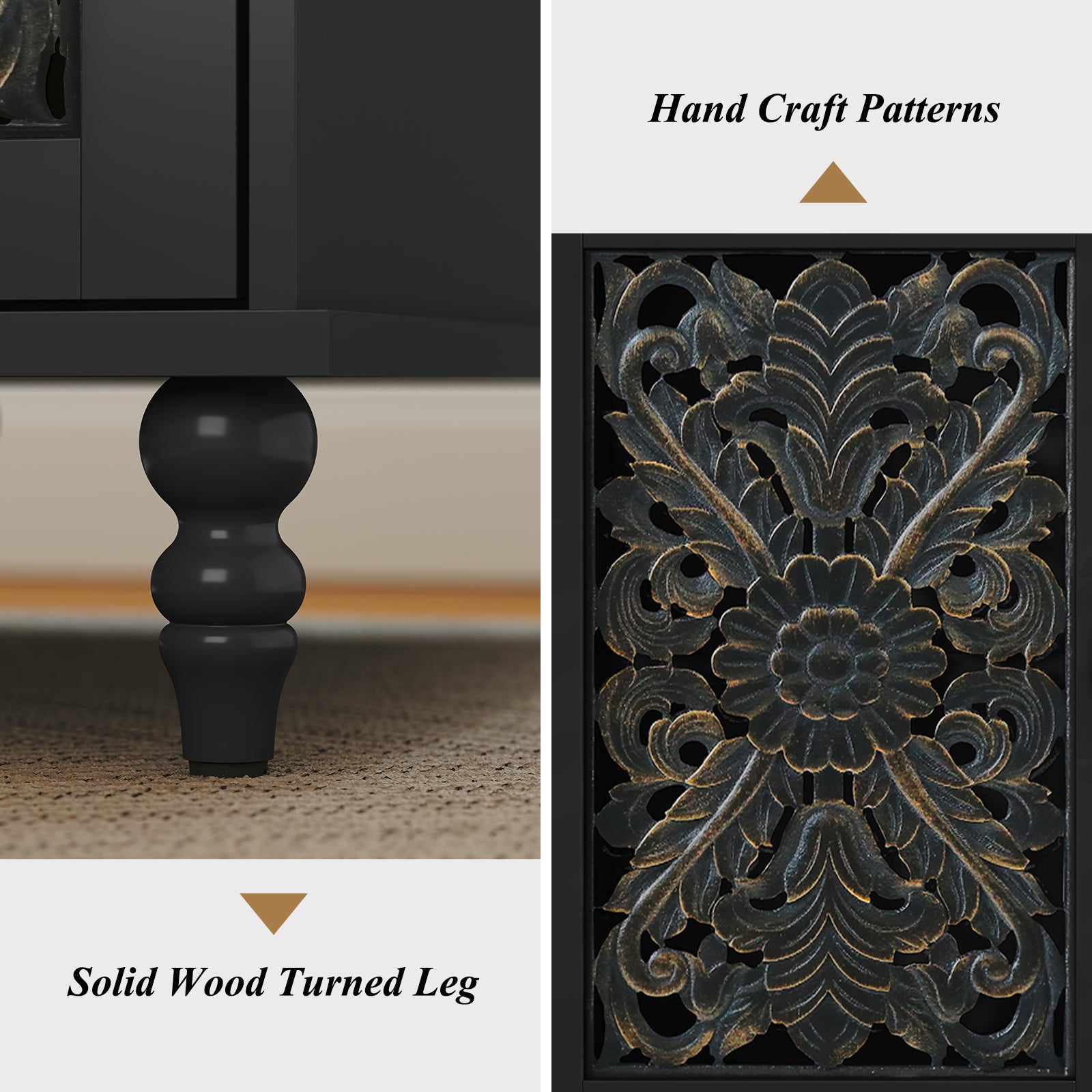 CBJCBJ Retro Carved End Table with Socket, Side Table with Open Compartment and Storage Cabinet, Bedside Table for Bedroom,Black